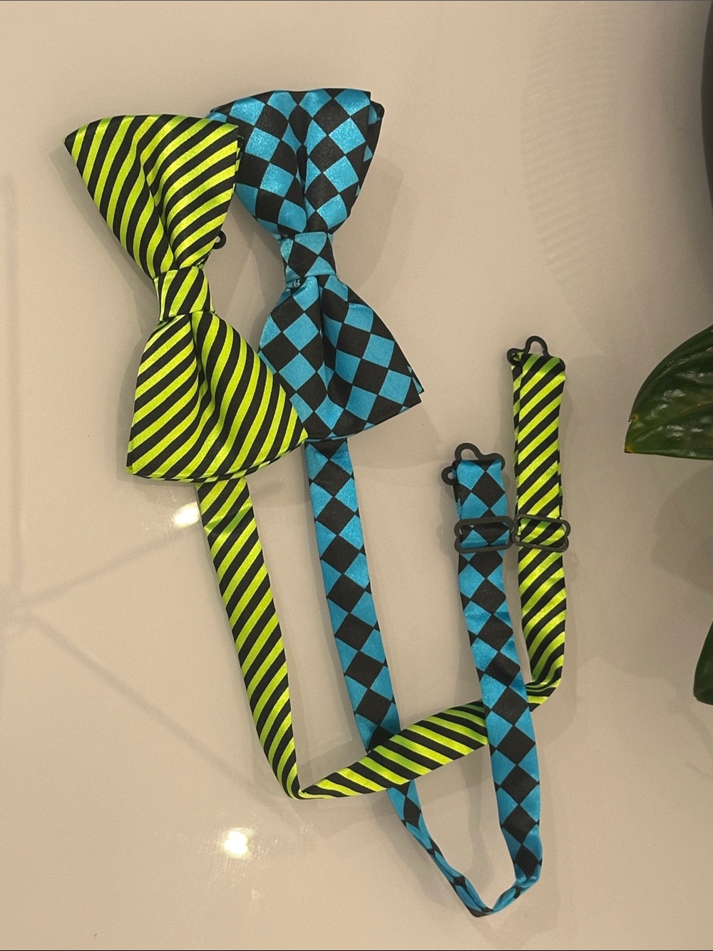 Mens 2 pc Striped & Check Bow Tie Set - Neon black blue hoco homecoming
